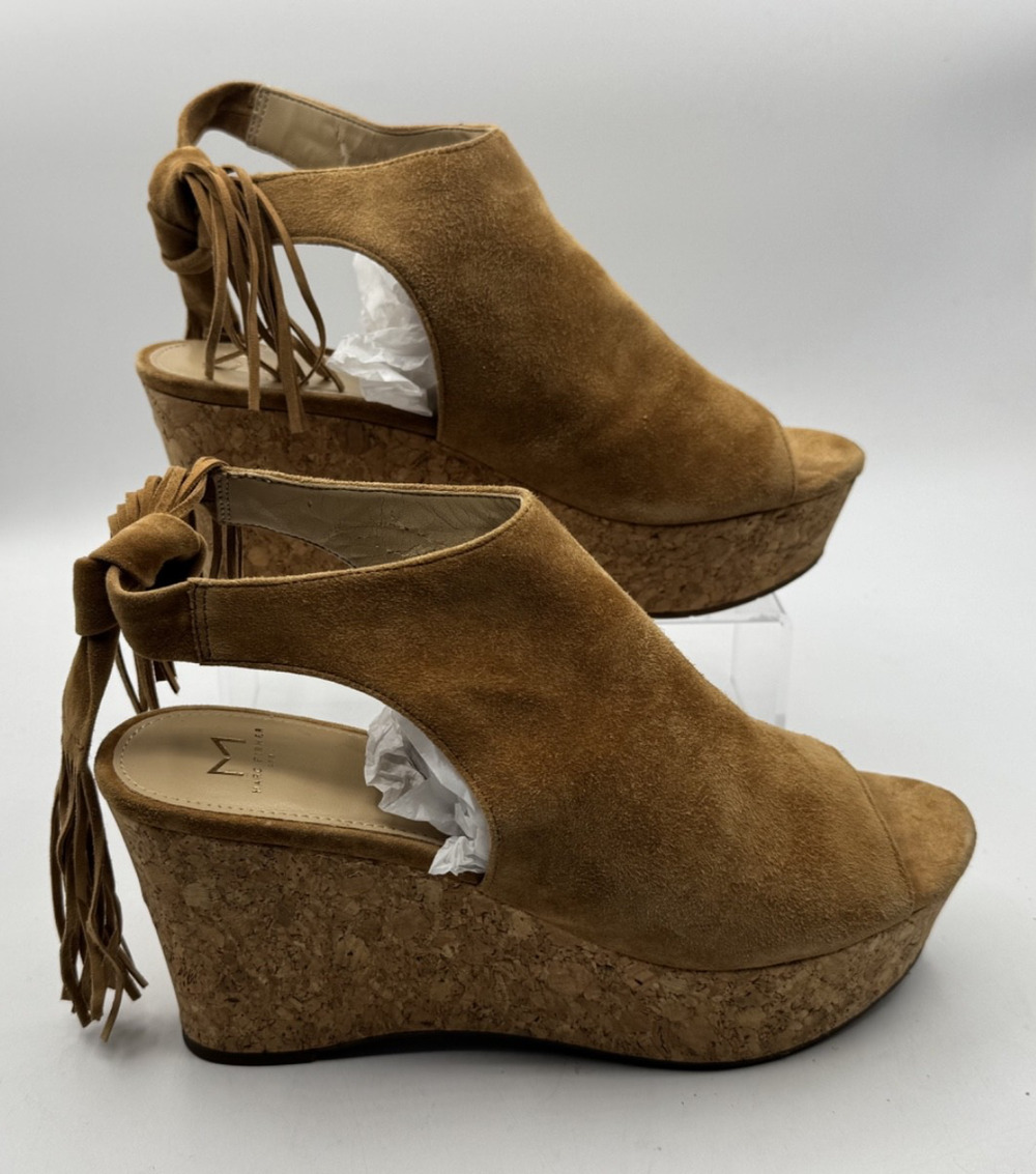 Marc Fisher Brown Suede Fringe Tied Back Wedge Sandals 8.5m , Pre-OWNED